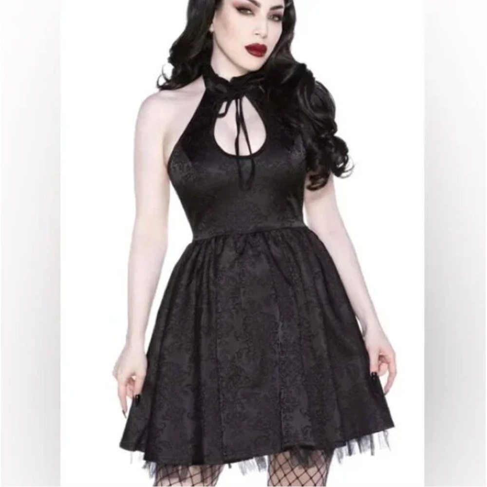 Killstar Lacey Party Dress Size Small Black Gothic Victorian Damask Halter Mini